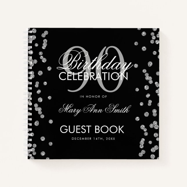 Silver 90th Birthday Guestbook Confetti Black Notebook (Front)