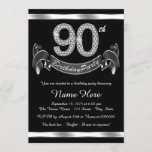 Silver 90th Birthday Party Invitation<br><div class="desc">Elegant 90th birthday party invitation with diamond numbers and banner on a silver and black background. This beautiful silver and black 90th birthday party invitation is easily customised for your event. You can change the background colour. This striking design works well for a man or woman. This is a printed...</div>