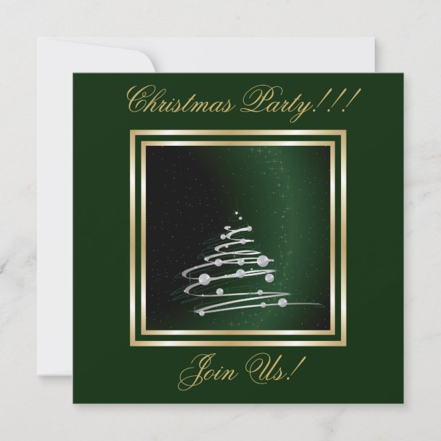 Silver Abstract Christmas Tree On Green Invitation (Front)