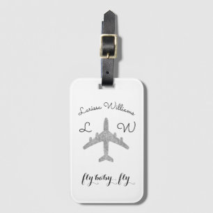 silver aeroplane with name & initials, travel luggage tag