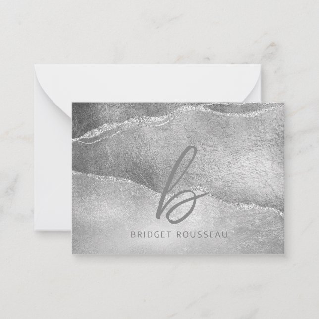 Silver Agate Glitter Elegant Monogram Card (Front)
