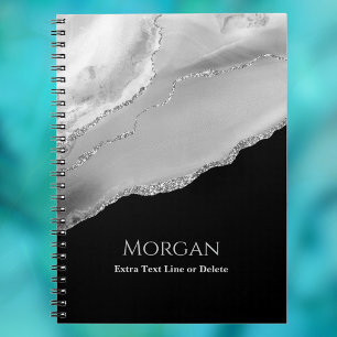 Silver Agate & Glitter, Name & Text Line on Black Notebook
