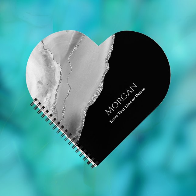 Silver Agate & Glitter, Name & Text Line on Black Notebook (Creator Uploaded)