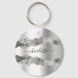 Silver agate marble name script elegant key ring