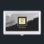 Silver Agate, Name & Monogram, Black & Gold Box Business Card Holder<br><div class="desc">Personalise your name in gold and monogram in black on trendy black and gold box with silver agate.</div>