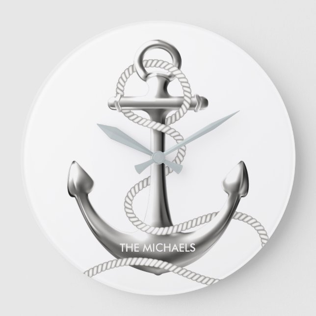 Silver anchor nautical wall clock Personalised (Front)