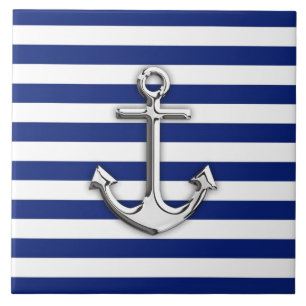 Silver Anchor on Navy Blue Stripes Ceramic Tile
