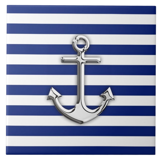 Silver Anchor on Navy Blue Stripes Ceramic Tile (Front)