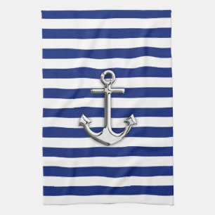 Silver Anchor on Navy Blue Stripes Tea Towel