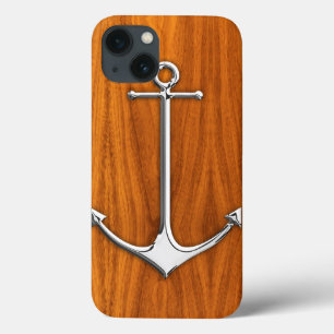 Silver Anchor on Teak Veneer Nautical Lifestyle iPhone 13 Case