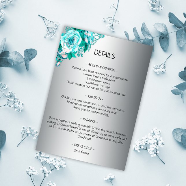 Silver and Aqua Roses Wedding Details Enclosure Card (Creator Uploaded)