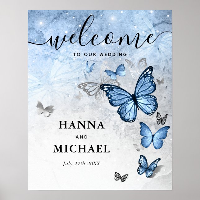 Silver and Baby Blue Butterfly Welcome Wedding Poster (Front)