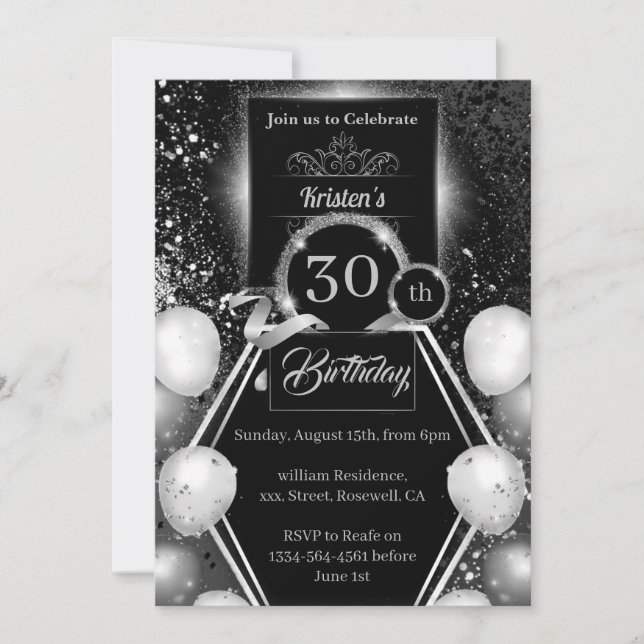 Silver and Black 30th Birthday Invitation (Front)