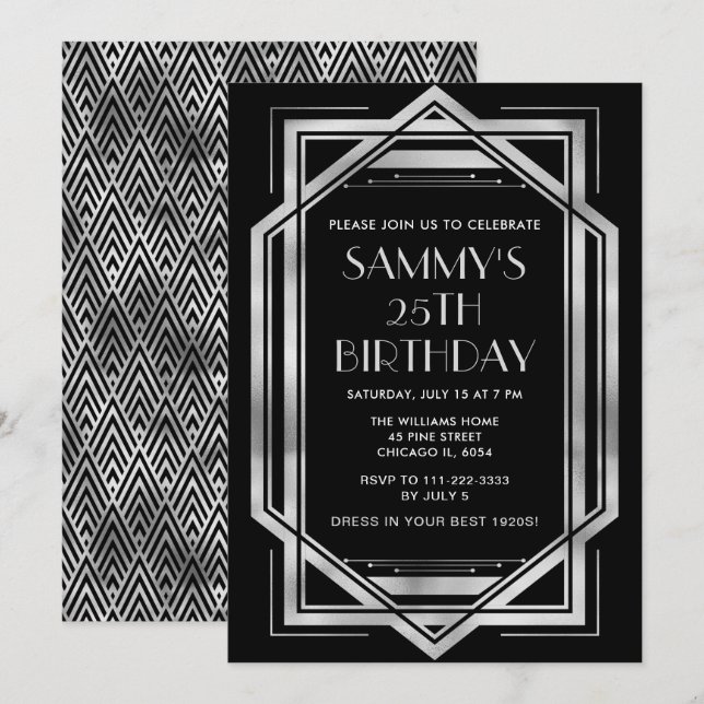 Silver and Black Art Deco Birthday Party Invitation (Front/Back)