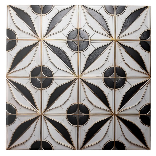 Silver and Black Art Deco Patterned Ceramic Tile. Ceramic Tile (Front)