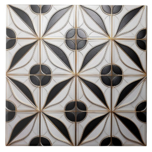 Silver and Black Art Deco Patterned Ceramic Tile. Tile