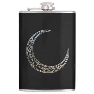 Silver And Black Celtic Crescent Moon Hip Flask
