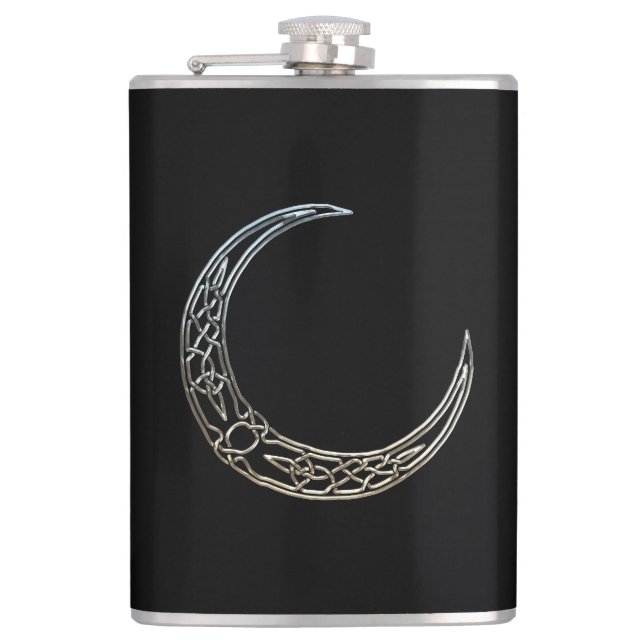 Silver And Black Celtic Crescent Moon Hip Flask (Front)