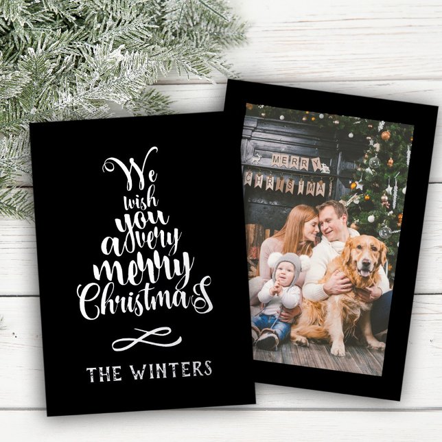 Silver and Black Christmas Tree Lettering Photo Foil Holiday Card (Creator Uploaded)