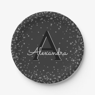Silver and Black Confetti Monogram Birthday Paper Plate