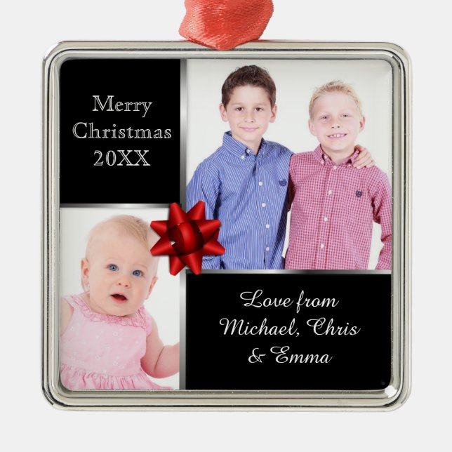 Silver and Black Custom Photo Personalised Gift Metal Ornament (Front)