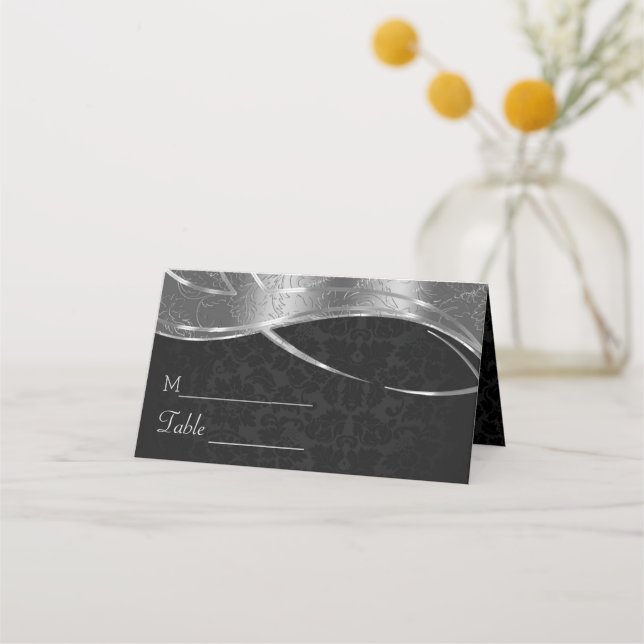 Silver And Black Damask Pattern Place Card (Front)