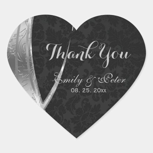 Silver And Black Damask-Thank You Heart Sticker (Front)