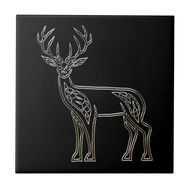 Silver And Black Deer Celtic Style Knot Ceramic Tile (Front)