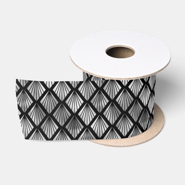 Silver and Black Diamond Art Deco Pattern Satin Ribbon (Spool)