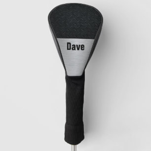 Silver and Black Diamond Plate Pattern with Name Golf Head Cover