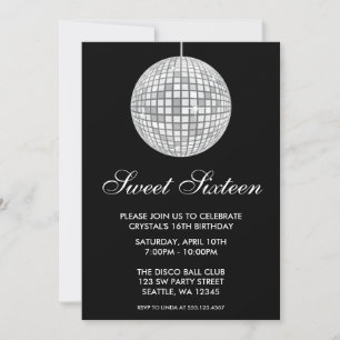 Silver and Black Disco Ball Sweet Sixteen Birthday Invitation