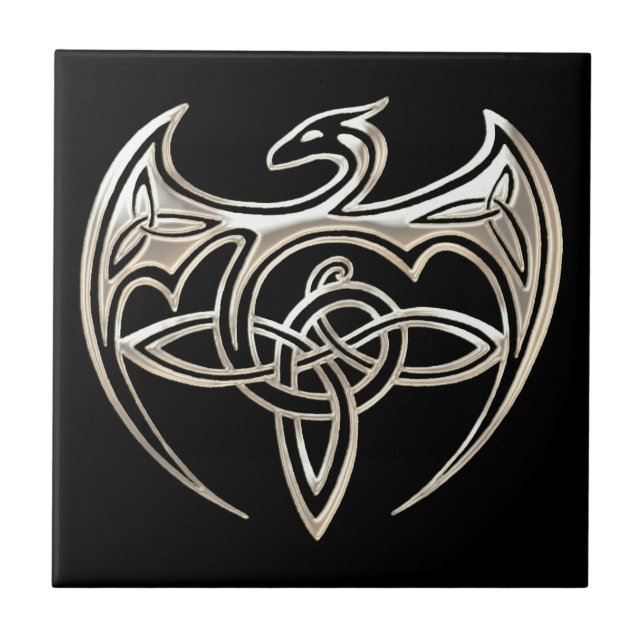 Silver And Black Dragon Trine Celtic Knots Art Ceramic Tile (Front)