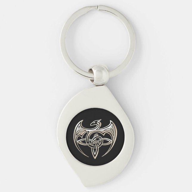 Silver And Black Dragon Trine Celtic Knots Art Key Ring (Front)