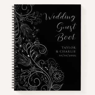 Silver and Black Elegant Floral Wedding Guest Book