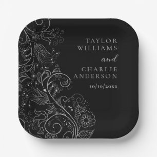 Silver and Black Elegant Floral Wedding Paper Plate