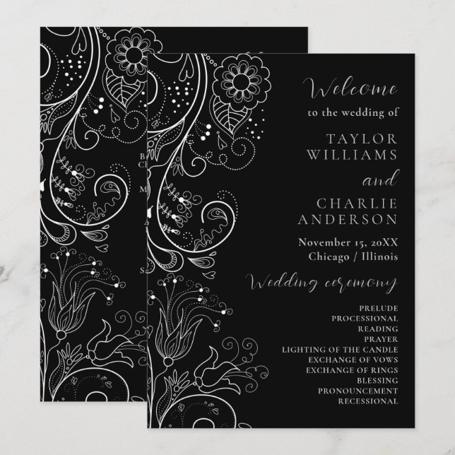 Silver and Black Elegant Floral Wedding Program (Front/Back)