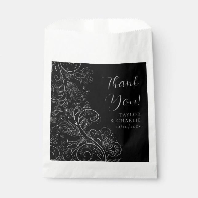 Silver and Black Elegant Floral Wedding Thank You Favour Bag (Front)