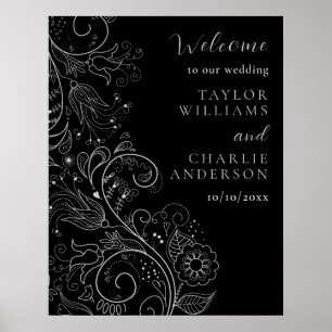 Silver and Black Elegant Floral Wedding Welcome Poster