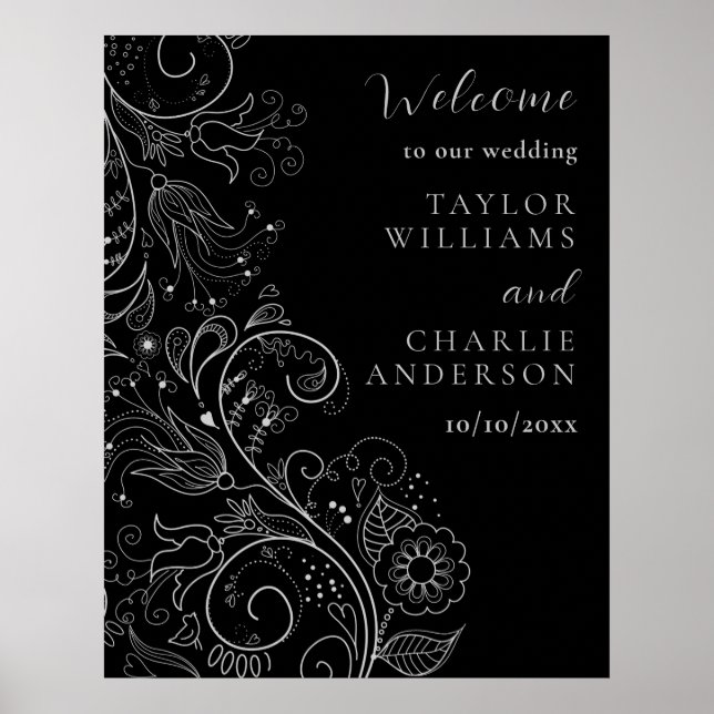 Silver and Black Elegant Floral Wedding Welcome Poster (Front)