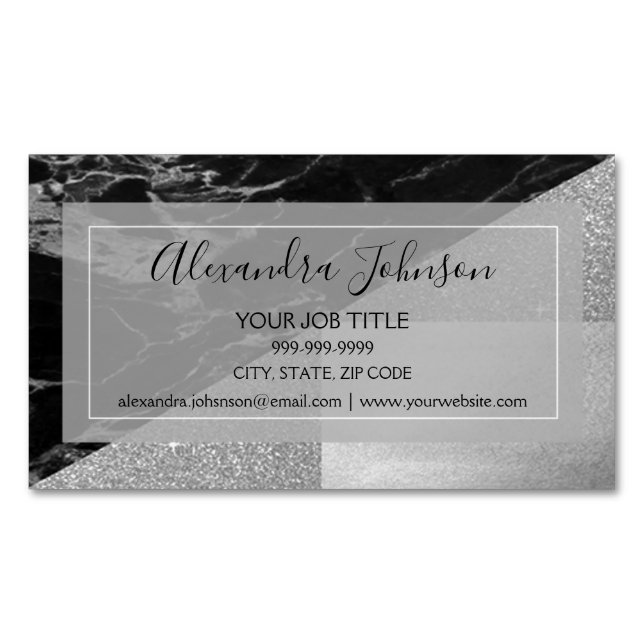 Silver and Black Geometric Magnetic Business Card (Front)
