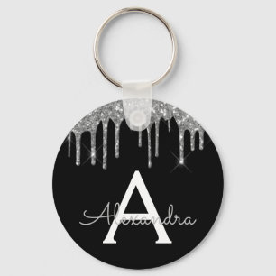 Silver and Black Girly Sparkly Glitter Monogram Key Ring