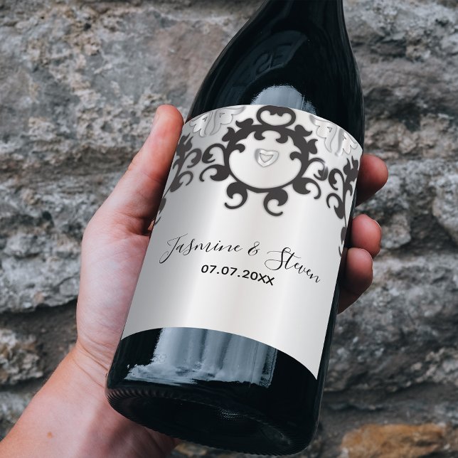 Silver And Black Glam Elegant Stylish Wedding  Wine Label (Creator Uploaded)