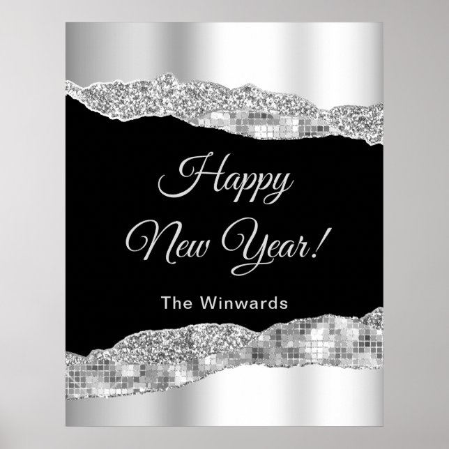 Silver and Black Glam Tears Happy New Year Poster (Front)