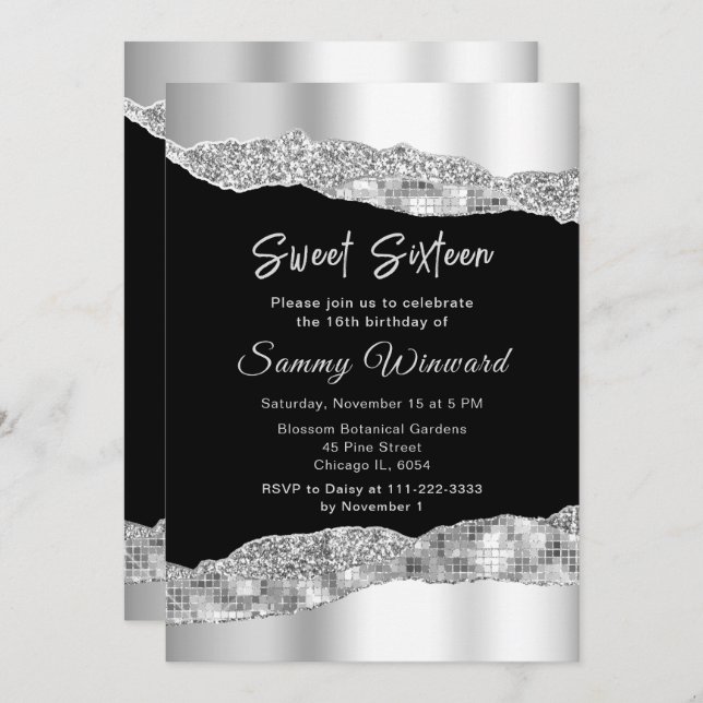 Silver and Black Glam Tears Sweet Sixteen Invitation (Front/Back)