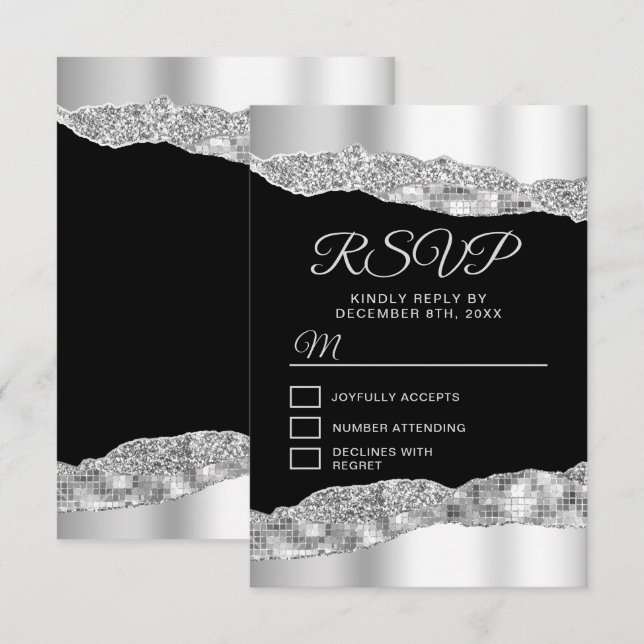 Silver and Black Glam Tears Sweet Sixteen RSVP Card (Front/Back)
