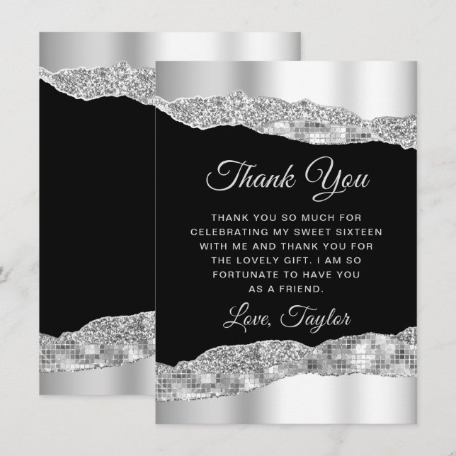 Silver and Black Glam Tears Sweet Sixteen Thank You Card (Front/Back)