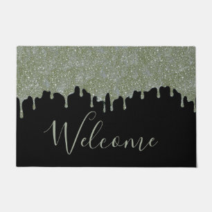 Silver and Black Glitter Drips Welcome Door Mat