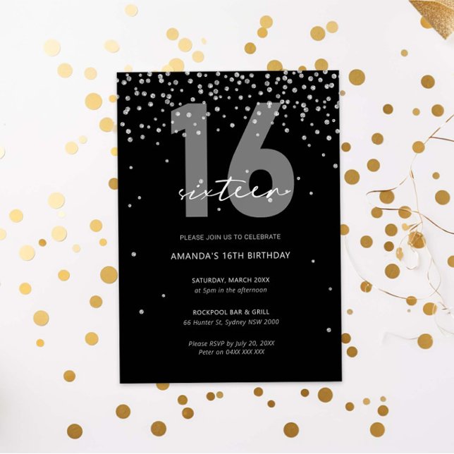 Silver and black glitter sparkle 16th birthday invitation (Creator Uploaded)