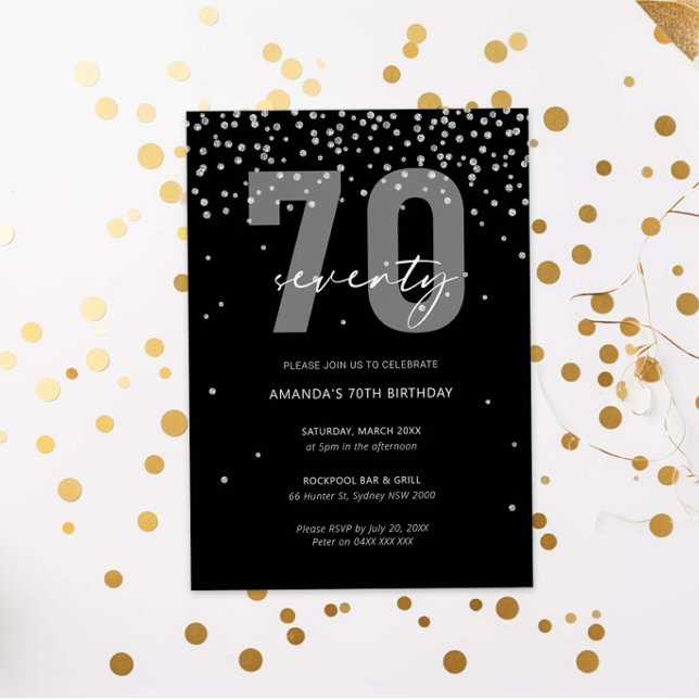 Silver and black glitter sparkle 70th birthday invitation (Creator Uploaded)