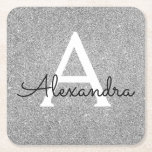Silver and Black Glitter & Sparkle Monogram Square Paper Coaster<br><div class="desc">Silver Faux Glitter and Sparkle Elegant Twinkling Lights Monogram Birthday Party Coasters. These Birthday Party Coasters can be customised to include your initial and first name.</div>